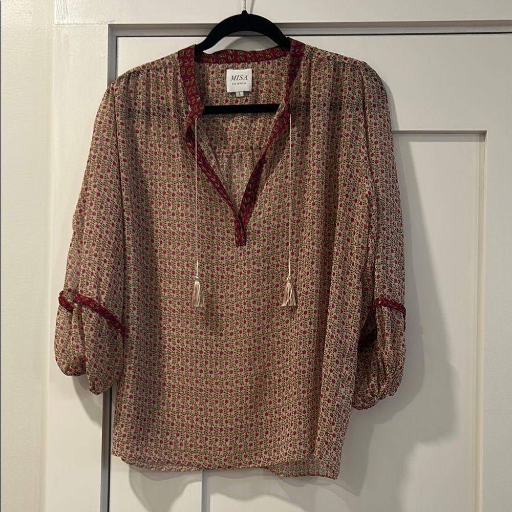 Misa Los Angeles Pink and Cream Floral Blouse, Size Large